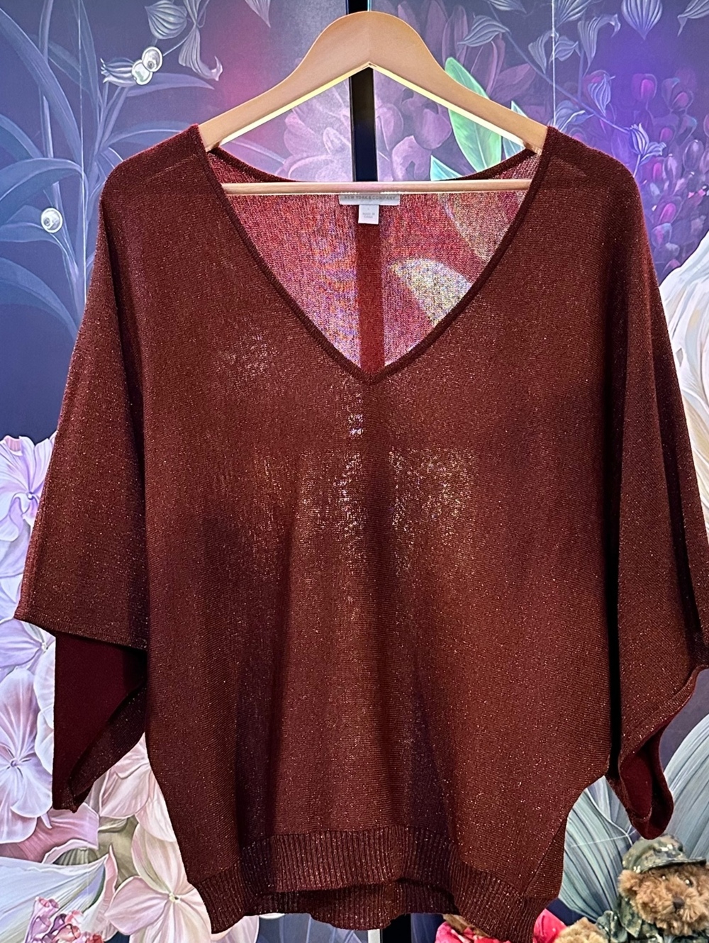 New York & Company L Burgundy Metallic Poncho Sweater V Neck Batwing Holiday